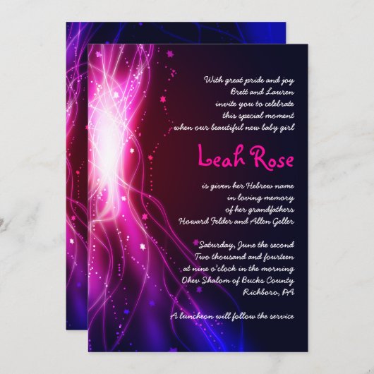 ネオン白熱［赤熱］光を放つスターユダヤベビー命名招待状 招待状 (正面/裏面)