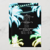 ネオン白熱［赤熱］光を放つパームツリーズビーチパーティー夏 招待状 (正面/裏面)