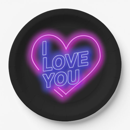 ネオン白熱［赤熱］光を放つピンクブルーバレンタインハート大9" ペーパープレート (正面)