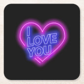 ネオン白熱［赤熱］光を放つピンクブルーバレンタインハート スクエアペーパーコースター (正面)