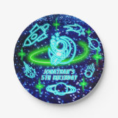 ネオン白熱［赤熱］光を放つブルー宇宙ロケット船少年 ペーパープレート (正面)