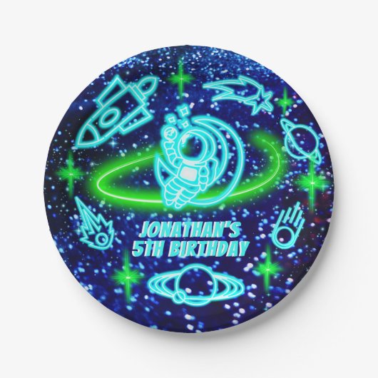 ネオン白熱［赤熱］光を放つブルー宇宙ロケット船少年 ペーパープレート (正面)