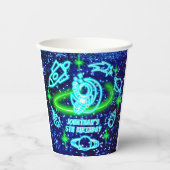 ネオン白熱［赤熱］光を放つブルー宇宙飛行士ロケット 紙コップ (正面)