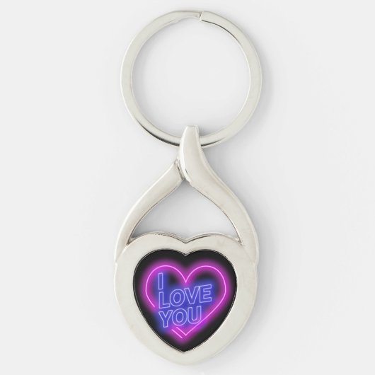 ネオン白熱［赤熱］光を放つルックピンクブルーバレンタインハート キーホルダー (正面)