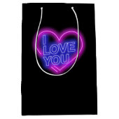 ネオン白熱［赤熱］光を放つルックピンクブルーバレンタインハート ミディアムペーパーバッグ (正面)