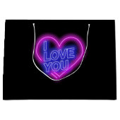 ネオン白熱［赤熱］光を放つルックピンクブルーバレンタインハート ラージペーパーバッグ (正面)