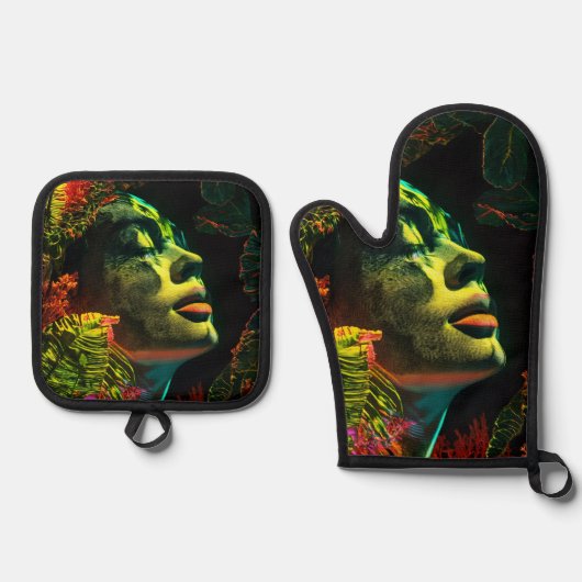 ネオン白熱［赤熱］光を放つ女性、リアリスティック・アート 鍋つかみ&鍋敷きセット (正面)