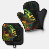 ネオン白熱［赤熱］光を放つ女性、リアリスティック・アート 鍋つかみ&鍋敷きセット (正面/裏面)