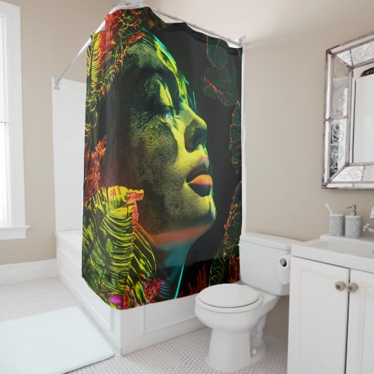 ネオン白熱［赤熱］光を放つ美しい、複雑なアートクローズアップ シャワーカーテン (インサイチュ)