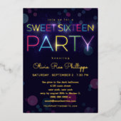 ネオン白熱［赤熱］光を放つSweet sixteenパーティー金ゴールド 箔招待状 (正面)
