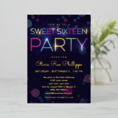 ネオン白熱［赤熱］光を放つSweet sixteenパーティー金ゴールド 箔招待状 (立ち正面)