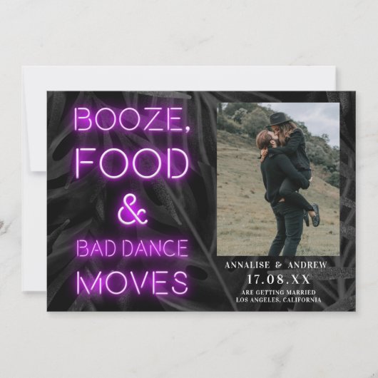 ネオン紫のカジュアルヤシの葉は日付写真を保存 セーブザデート (正面)