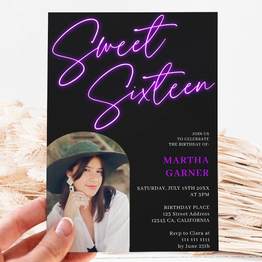 ネオン紫色のサインのスクリプトおもしろい写真アーチ甘い16 招待状