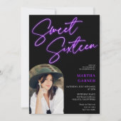 ネオン紫色のサインのスクリプトおもしろい写真アーチ甘い16 招待状 (正面)