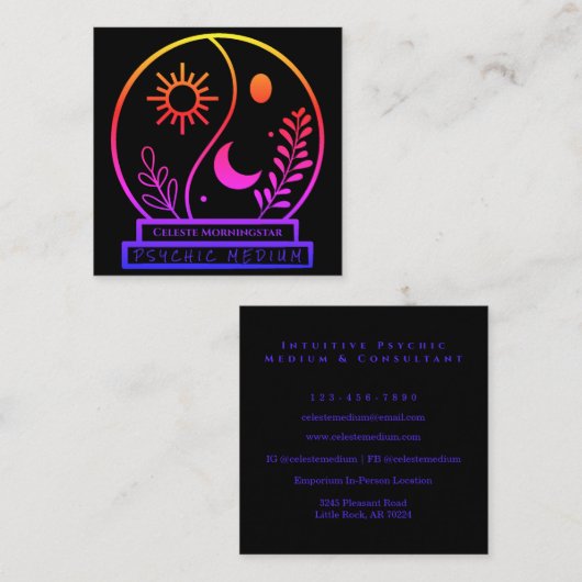 ネオン結晶ボールサイキックミディアムブラックユニーク スクエア名刺 (正面/裏面)