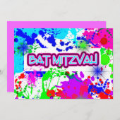 ネオン絵を描（ばちゃばちゃ）跳ねるバルミツワーお祝い 招待状 (正面/裏面)