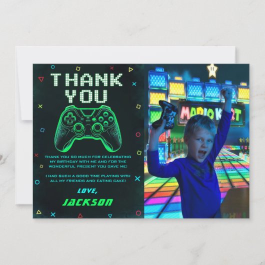 ネオン緑のアーケードビデオゲームの誕生日写真 サンキューカード (正面)