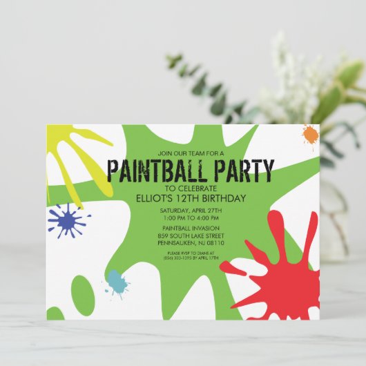 ネオン緑の割れたSplatのカスタムなペイントボールのパーティー 招待状 (スタンド正面)