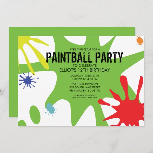ネオン緑の割れたSplatのカスタムなペイントボールのパーティー 招待状 (正面/裏面)