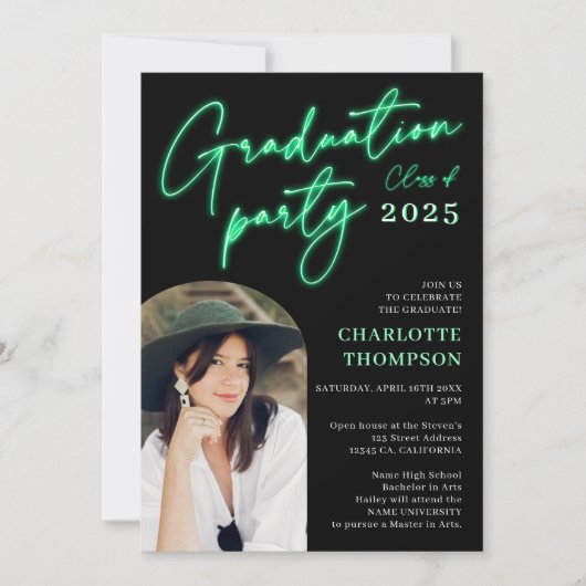 ネオン緑の標識スクリプトおもしろい卒業写真アーチ 招待状 (正面)