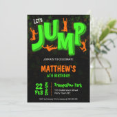 ネオン緑オレンジ塗料トランポリンパーティー誕生日 招待状 (スタンド正面)