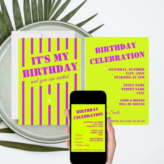 ネオン緑黄色紫誕生日パーティー招待状 招待状