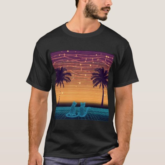 ネオン線画の猫と星のライン Tシャツ (正面)