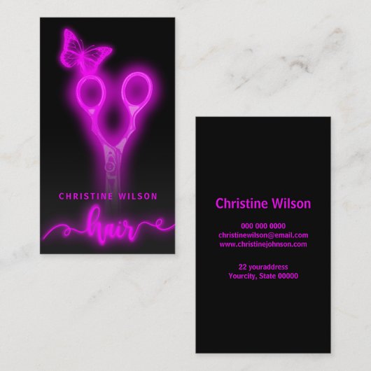ネオン美容用はさみ蝶の名刺 名刺 (正面/裏面)