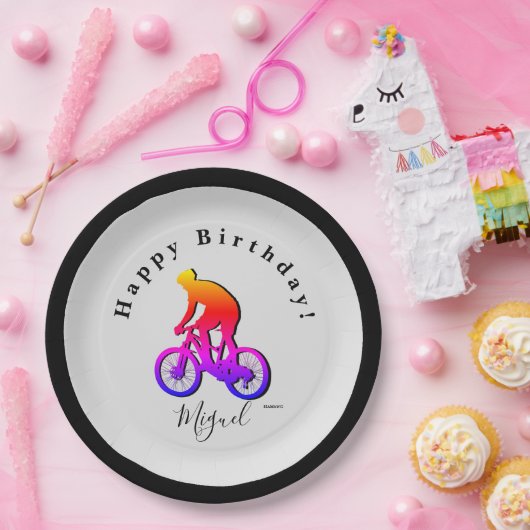 ネオン自転車ライダーハッピーバースデー紙プレート ペーパープレート (パーティー)
