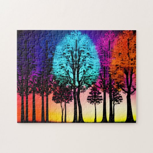 ネオン色がシルエットの黒い木に侵入 ジグソーパズル (横)