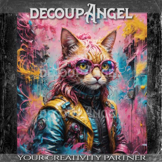 ネオン色のヴィンテージ猫のデコパージュ 薄葉紙