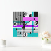 ネオン色ストライプのの幾何模様 スクエア壁時計 (ホーム)