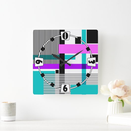 ネオン色ストライプのの幾何模様 スクエア壁時計 (ホーム)