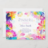 ネオン花の庭の水色の誕生日 招待状 (正面)