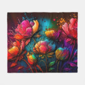 ネオン花，カラフル，花束，インク（ばちゃばちゃ）跳ねる フリースブランケット (正面(横))