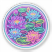 ネオン蓮の花と睡蓮の葉の丸型ステッカー シール (正面)
