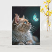 ネオン蝶の白熱［赤熱］光を放つ誕生日猫 カード (黄色い花)