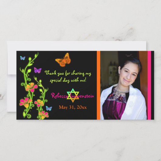 ネオン蝶及び花の写真のサンキューカード サンキューカード (正面)