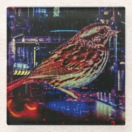 ネオン街並みサイバーパンクスパロウ ガラスコースター