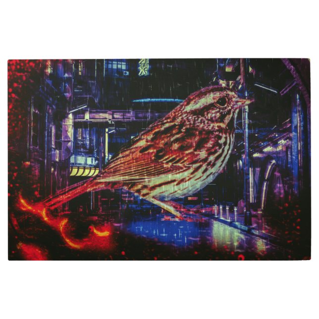 ネオン街並みサイバーパンクスパロウ メタルプリント (正面)