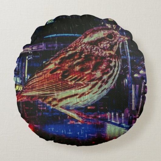 ネオン街並みサイバーパンクスパロウ ラウンドクッション (正面)