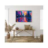 ネオン街並み反射と夕暮れ未来的 フォトプリント