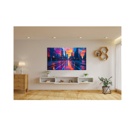 ネオン街並み反射と夕暮れ未来的 フォトプリント