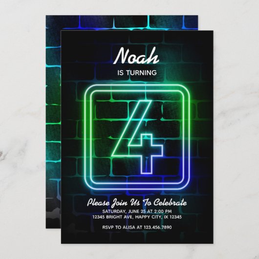 ネオン誕生日への少年4歳の誕生日の招待 招待状 (正面/裏面)