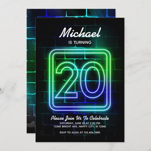 ネオン誕生日への招待20誕生日 招待状 (正面/裏面)