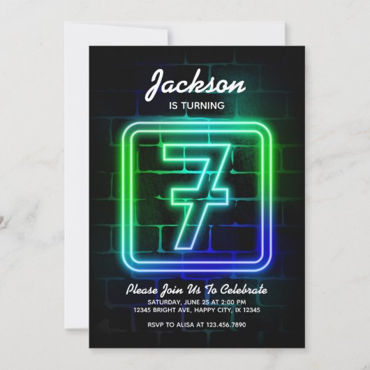 ネオン誕生日ボーイセブン誕生日 招待状 (正面)