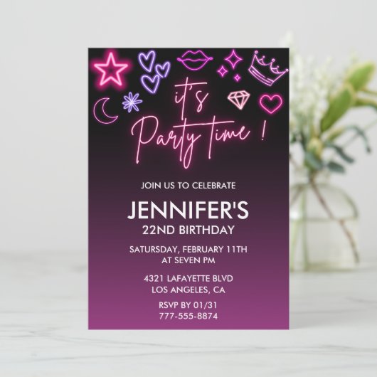 ネオン誕生日22歳の誕生日ブラックピンク 招待状 (スタンド正面)