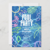 ネオン輝くプールパーティの誕生日 招待状 (正面)