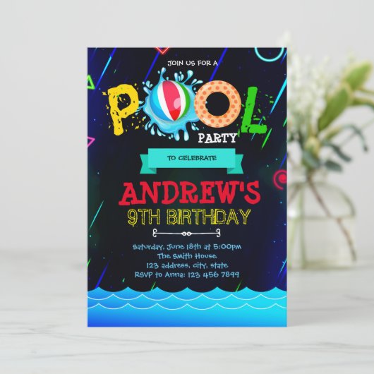 ネオン輝くプールパーティーの招待状 招待状 (スタンド正面)