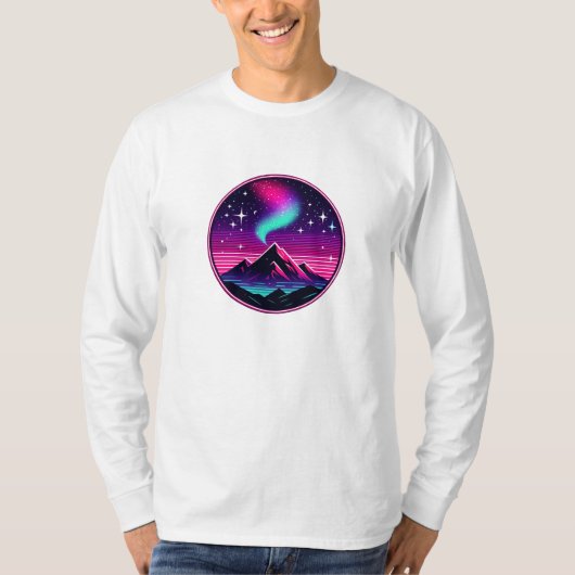 ネオン輝く山と星空 – 未来の夜景 Tシャツ (正面)